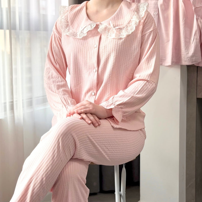 Pyjama Femme Rayé En Coton Avec Détails Dentelle