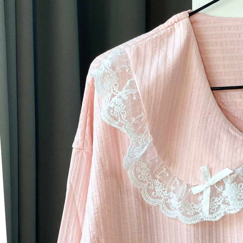 Pyjama Femme Rayé En Coton Avec Détails Dentelle